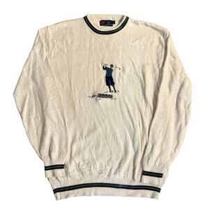 Isle of Cotton Embroidered Golf Sweater Knit Pattern Cream Vintage Large Tall